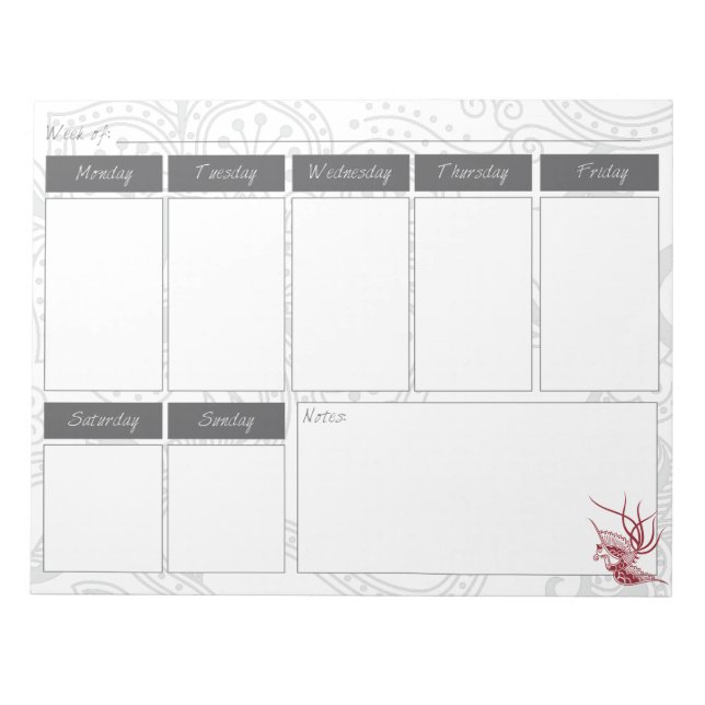 Bloco De Notas Red Bird & Floral Pattern Weekly Calendar Notepad (Frente)