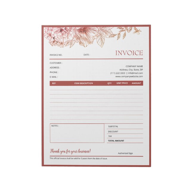 Bloco De Notas Red Floral Border Small Business Modelo (Invertido)