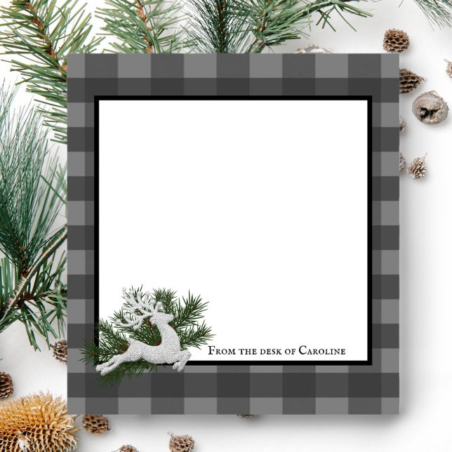 Bloco De Notas Reindeer Buffalo Xadrez Personalizada | Cinza (Gray Reindeer Buffalo Plaid Personalized Notepad)