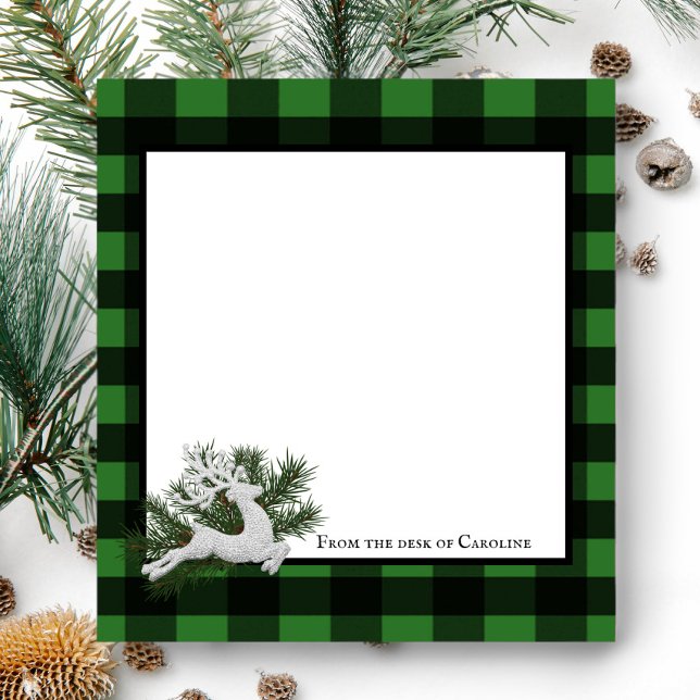 Bloco De Notas Reindeer Buffalo Xadrez Personalizada | Verde Pret (Black and Green Reindeer Buffalo Plaid Personalized Notepad)