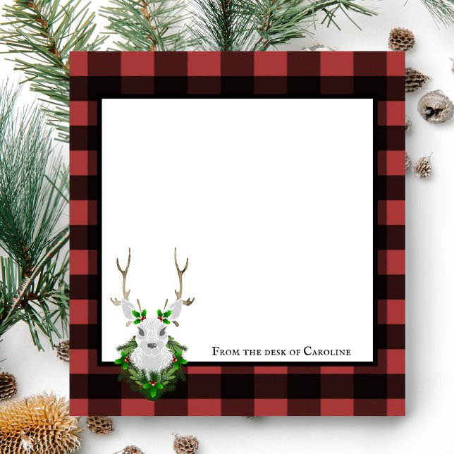 Bloco De Notas Reindeer Festivo Buffalo Xadrez Personalizada (Black and Red Festive Reindeer Buffalo Plaid Personalized Notepad)