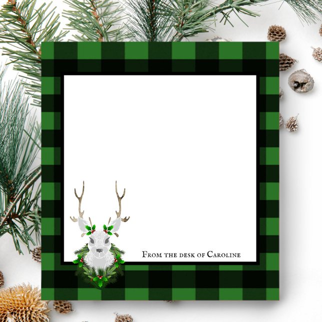 Bloco De Notas Reindeer Festivo Buffalo Xadrez Personalizada (Black and Green Festive Reindeer Buffalo Plaid Personalized Notepad)