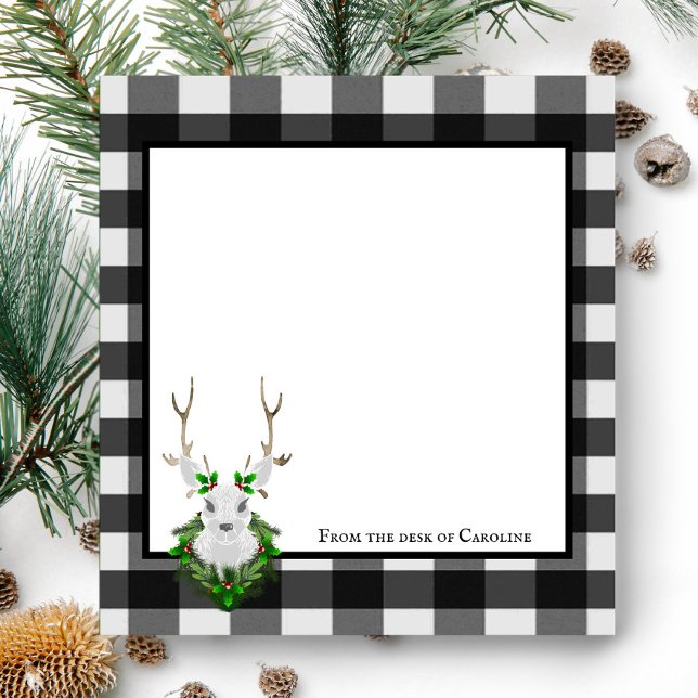 Bloco De Notas Reindeer Festivo Buffalo Xadrez Personalizada (Black and White Festive Reindeer Buffalo Plaid Personalized Notepad)