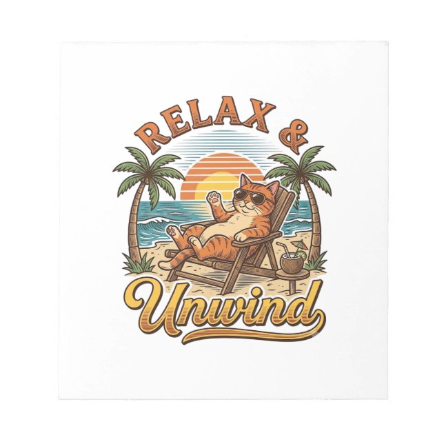 Bloco De Notas Relaxar & Descontrair Gato de Praia Design de Grav (Frente)