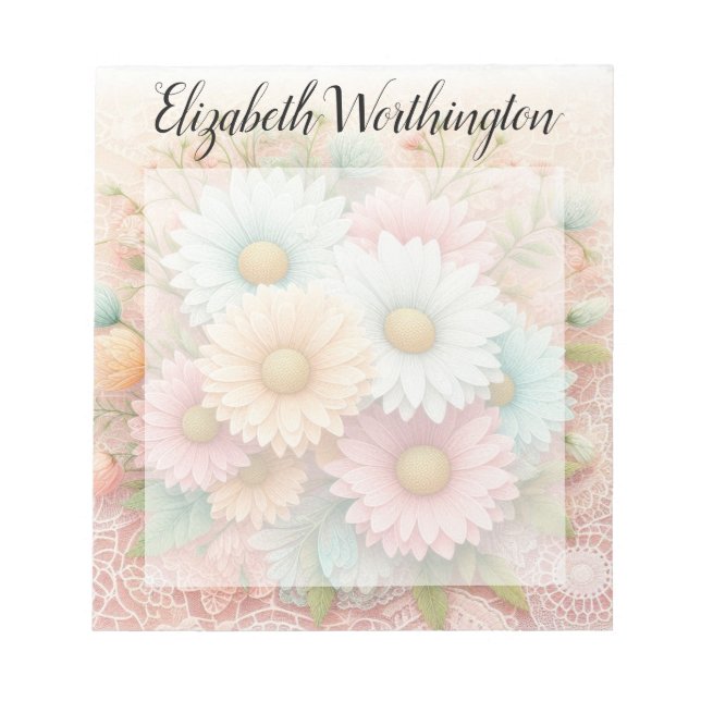 Bloco De Notas Renda monograma floral margaridas rosa branco azul (Frente)