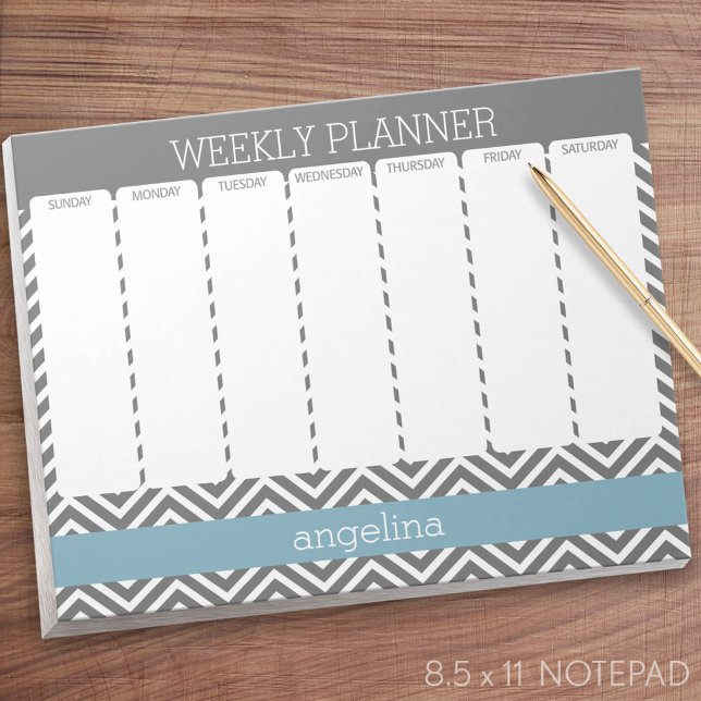Bloco De Notas Robin Ovo Blue e Cinzas Cevrons (Weekly Planner Notepad - Personalized)