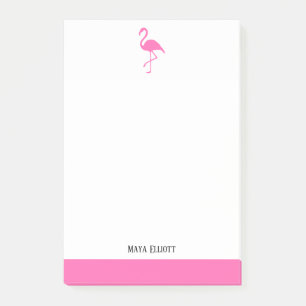 Bloco De Notas Rosa Brilhante no Flamingo Branco e Borda com Nome