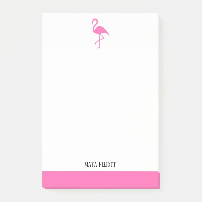 Bloco De Notas Rosa Brilhante no Flamingo Branco e Borda com Nome (Frente)