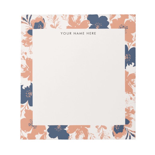 Bloco De Notas Rosa Desbotado e Floral Azul com Nome (Frente)