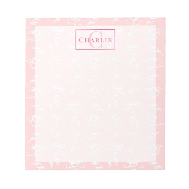Bloco De Notas Rosa Desbotado Floral Branco, Monograma Personaliz (Frente)