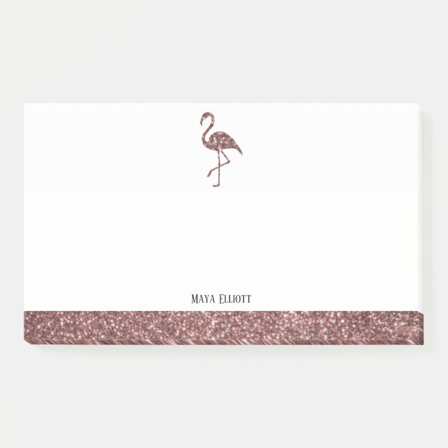 Bloco De Notas Rosa Dourado Faux Glitter e White Flamingo & Borde (Frente)