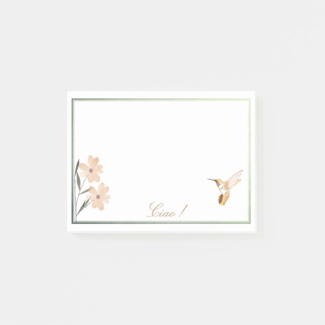 Bloco De Notas Rosa Dourado Hummingbird Flor Rosa Personalizado (Frente)