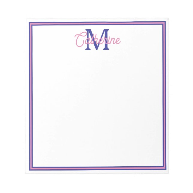 Bloco De Notas Rosa Elegante e Azul Marinho Monograma Simples (Frente)