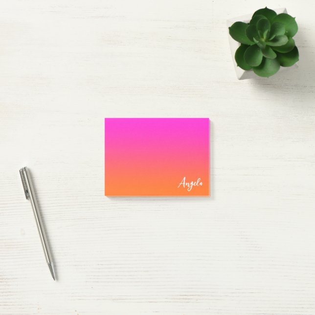Bloco De Notas Rosa Magenta Quente Laranja Brilhante Nome Script  (Escritótio)