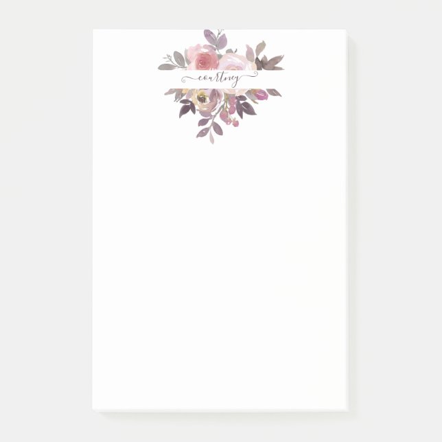 Bloco De Notas Rosa pastel e floral personalizado roxo  (Frente)
