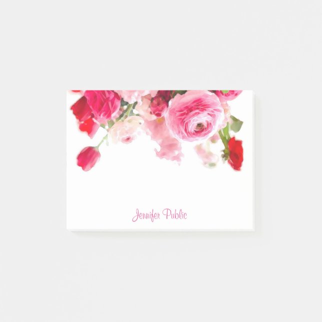 Bloco De Notas Rosas de Aquarela Nome do Script Manuscrito Floral (Frente)