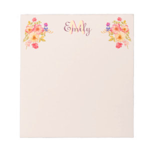 Bloco De Notas Rosas em Aquarela em Leite Peachy, Monograma