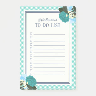Bloco De Notas Rosas Teais Elegantes Lista Floral Gingham To Do