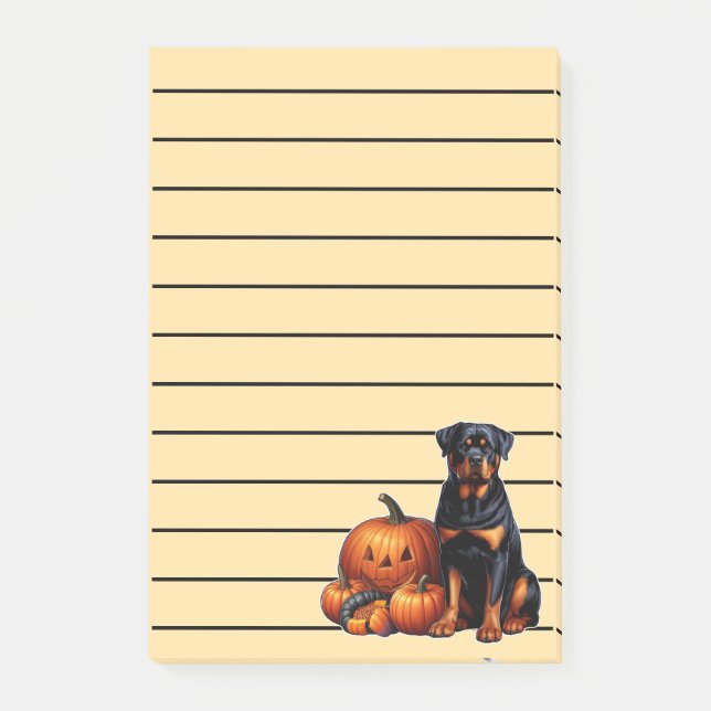 Bloco De Notas Rottweiler Cachorro sentado no Halloween Pumpkins (Frente)