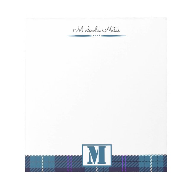 Bloco De Notas Rótulo de Celadon Azul Xadrez Tartan Monograma Per (Frente)
