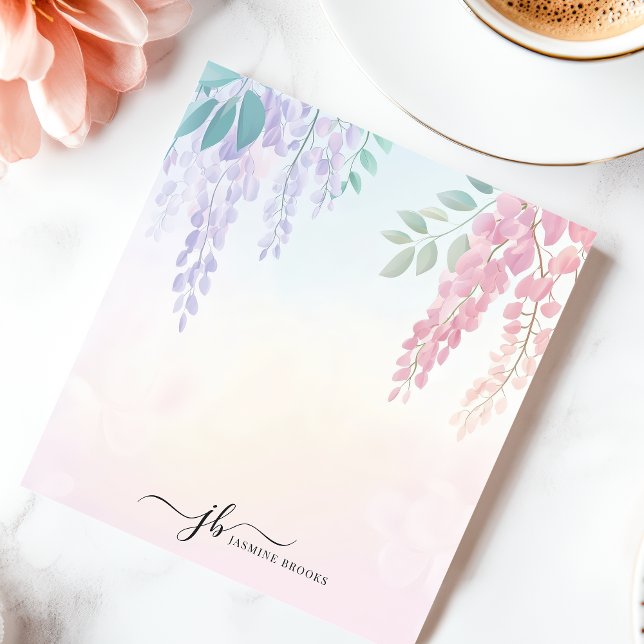 Bloco De Notas Roxo Pastel Personalizado Flores de Wisteria (Criador carregado)