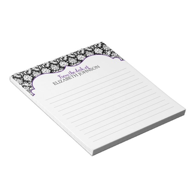Bloco De Notas Roxo Personalizado, Preto, Damasco Floral Branco (Inclinado)