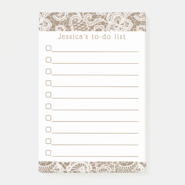 Bloco De Notas Rustic Burlap & Vintage White Lace (Frente)