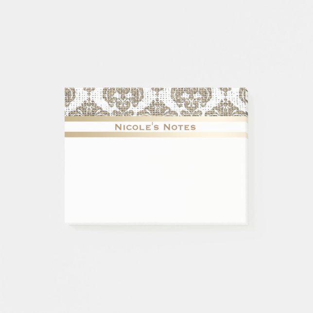 Bloco De Notas Rustic Glamor Burlap Royal Damask Chic Modern (Frente)