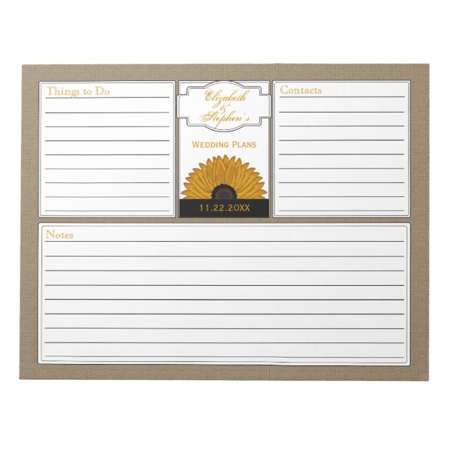 Bloco De Notas Rústica Country Burlap Sunflower Planner (Frente)