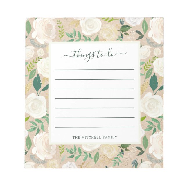 Bloco De Notas Rústico Moderno Floral Branco em Kraft | Coisas a  (Frente)