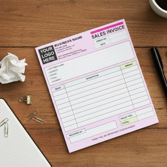 Bloco De Notas Sales Invoice Receipts | Pink Small Business Logo (seller receipt pad, customer purchase order book)