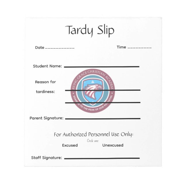 Bloco De Notas School Tardy Slip (Frente)