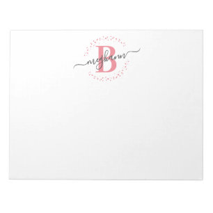 Bloco De Notas Script de Nome Rosa Branco Girly Modern Monograma