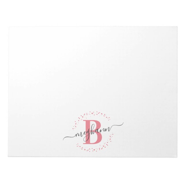 Bloco De Notas Script de Nome Rosa Branco Girly Modern Monograma (Frente)