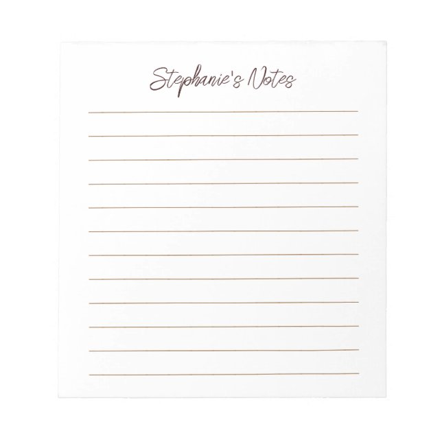 Bloco De Notas  Script Elegant Chocolate Brown Lined Personalized (Frente)