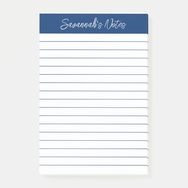 Bloco De Notas Script Elegant Navy Blue Lined Personalized (Frente)