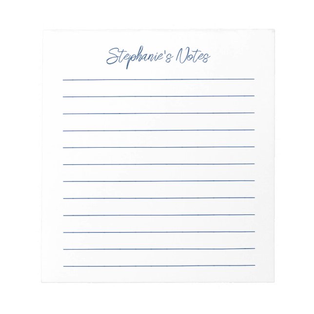 Bloco De Notas  Script Elegant Navy Blue Lined Personalized (Frente)