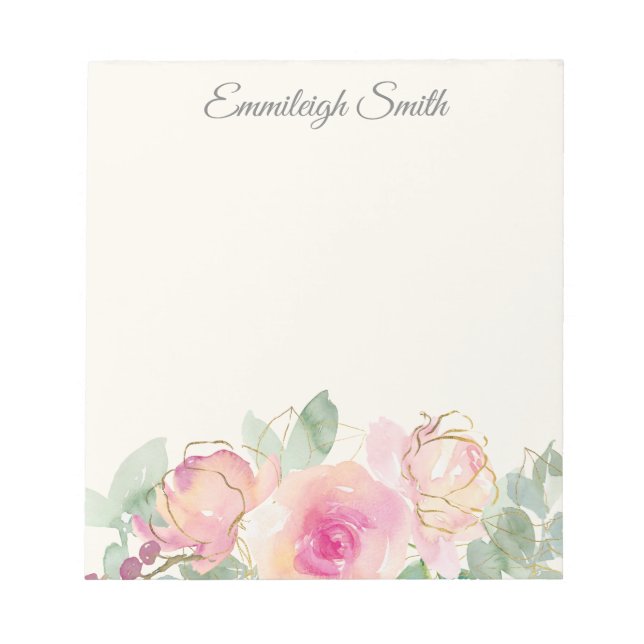 Bloco De Notas Script Elegante de Verde Floral Cor-de-Rosa Person (Frente)
