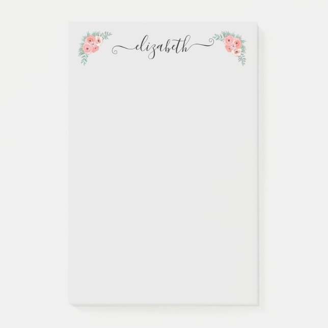 Bloco De Notas Script Floral Rosa Elegante Personalizado (Frente)