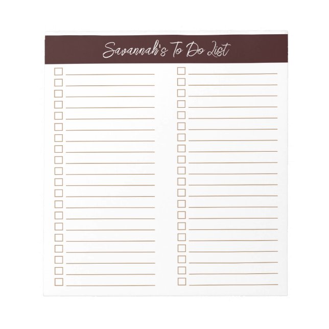 Bloco De Notas Script Modern Chocolate Brown Two Column Checklist (Frente)