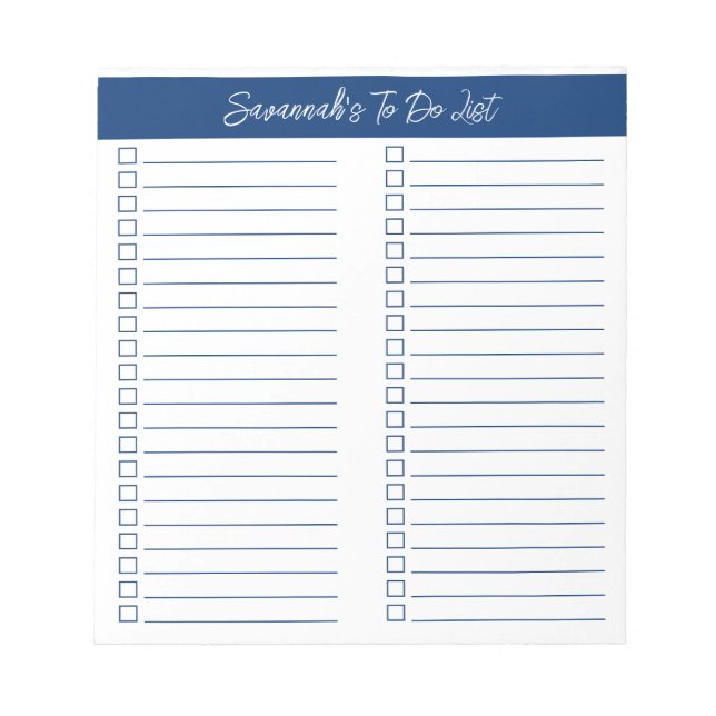 Bloco De Notas Script Modern Navy Blue Two Column Checklist (Frente)