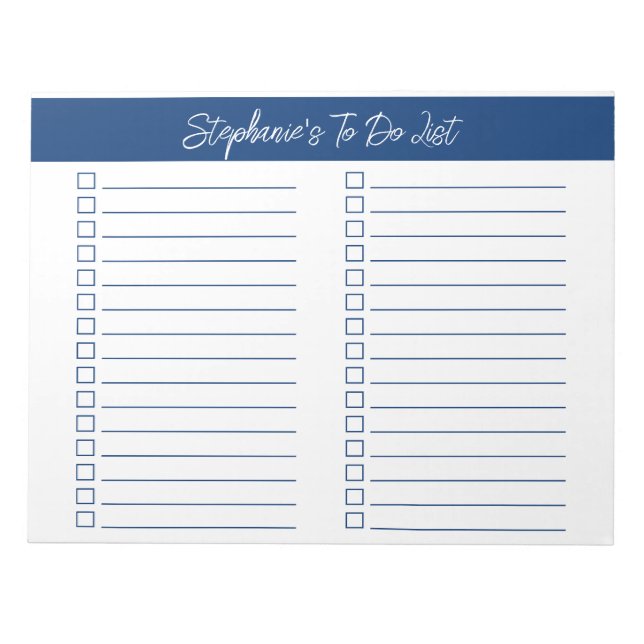 Bloco De Notas Script Navy Blue 8.5x11 Two Column Checklist (Frente)