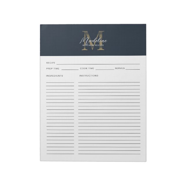 Bloco De Notas Script Navy Blue Metallic Gold Monogram Recipe (Invertido)