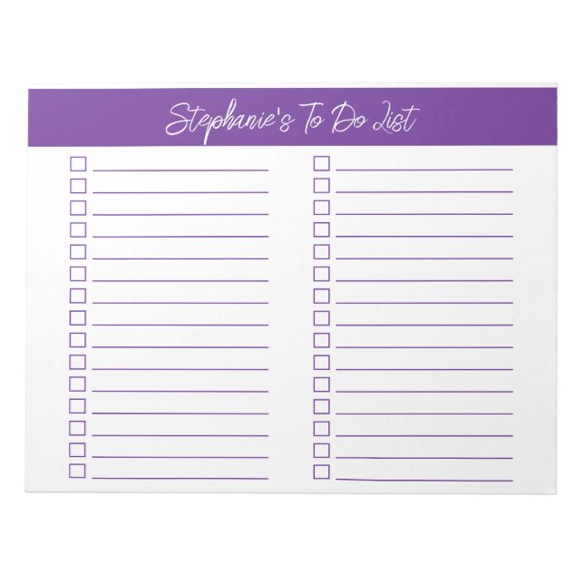 Bloco De Notas Script Purple 8.5x11 Two Column Checklist (Frente)