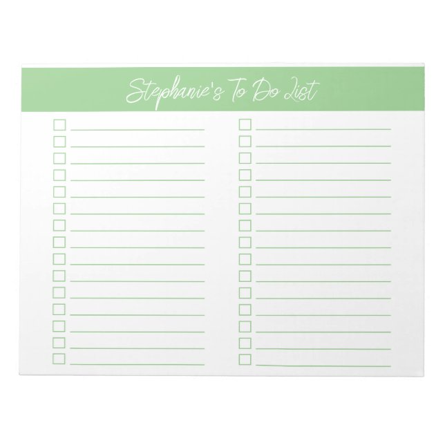 Bloco De Notas Script Sage Green 8.5x11 Two Column Checklist (Frente)