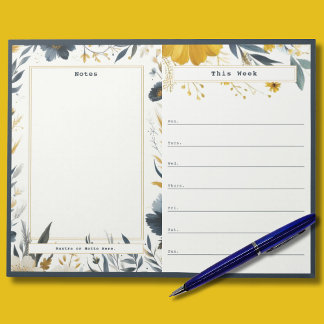 Bloco de Notas Semanal Floral Azul Marinho e Doura