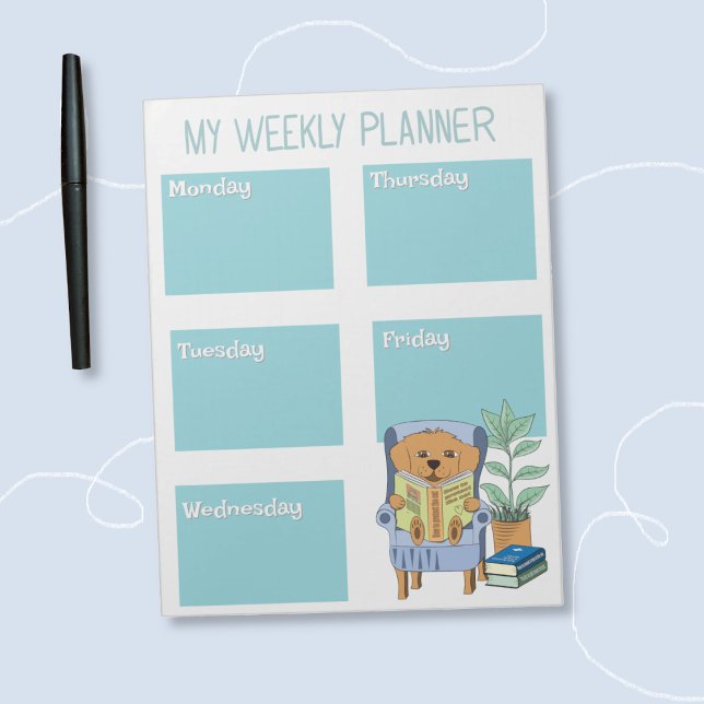 Bloco De Notas Semanal Para Crianças Leitor De Cãe (Cute kid weekly planner with a reading dog illustration . )