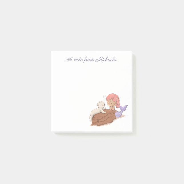 Bloco De Notas Sereia Foca Rosa Roxa Elegante Fofa (Frente)