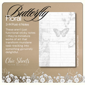 Bloco De Notas Shabby Chic Preto e Branco Borboleta Floral 3M