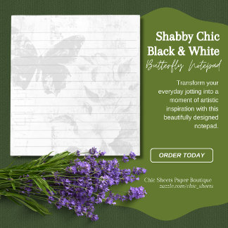 Bloco De Notas Shabby Chic Preto e Branco Borboleta Floral Linado